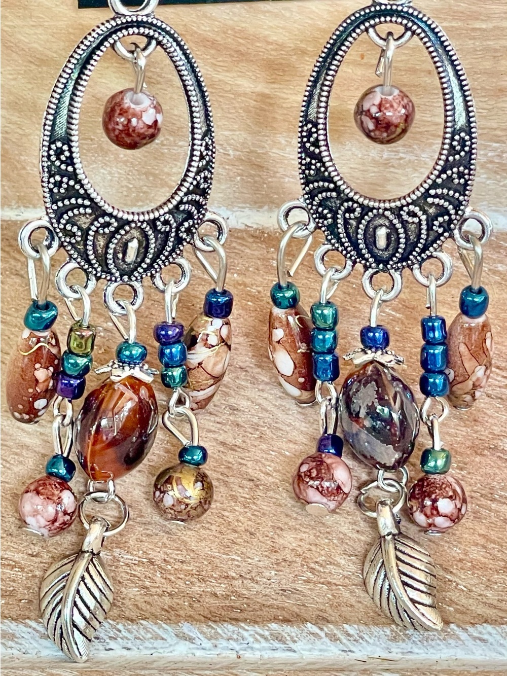 Boho Brown Beaded Dangle Earrings with Silver Leaf Charm and Subtle Blue Accents